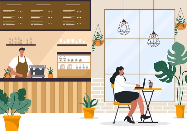 Cafe Illustration Avec Vue Des Personnes Assis Boire Café Travailler — Image vectorielle