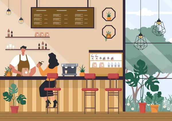 Cafe Illusztráció Kilátással Emberek Kávézás Dolgozó Laptop Chat Barista Áll — Stock Vector
