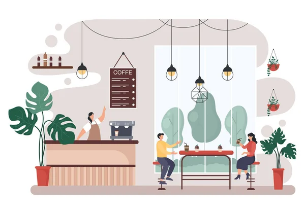 Cafe Illustration Avec Vue Des Personnes Assis Boire Café Travailler — Image vectorielle