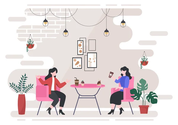 Cafe Illustration Avec Vue Des Personnes Assis Boire Café Travailler — Image vectorielle