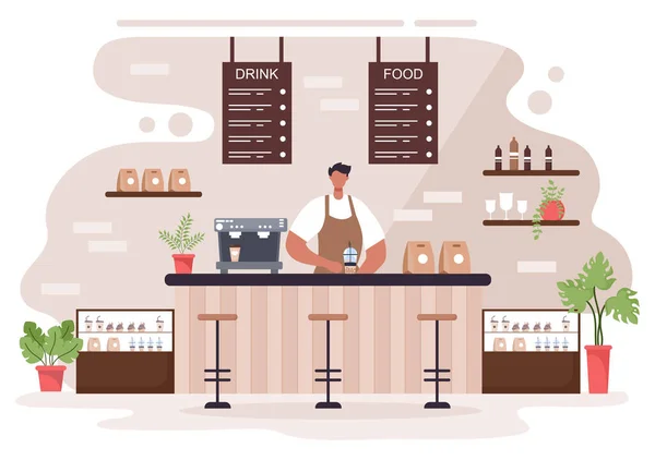 Café Ilustración Con Vista Gente Sentada Bebiendo Café Trabajando Ordenador — Vector de stock