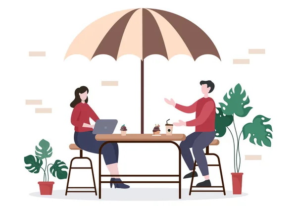 Cafe Illustration Avec Vue Des Personnes Assis Boire Café Travailler — Image vectorielle