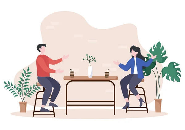 Cafe Illustration Avec Vue Des Personnes Assis Boire Café Travailler — Image vectorielle