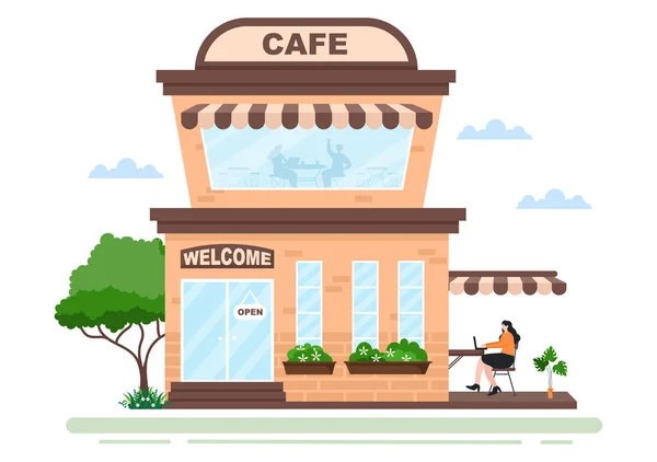 Café Coffeehouse Ilustração Com Placa Aberta Árvore Loja Construção Exterior — Vetor de Stock