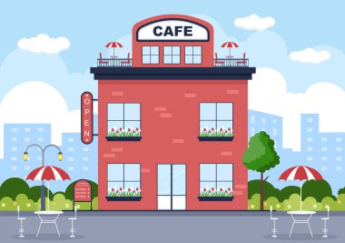 Açık Tahta, Ağaç ve İnşaat Dükkanı dış görünüşlü Cafe Illustration. Düz Tasarım Konsepti