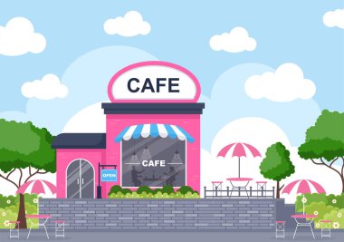 Açık Tahta, Ağaç ve İnşaat Dükkanı dış görünüşlü Cafe Illustration. Düz Tasarım Konsepti