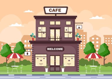Açık Tahta, Ağaç ve İnşaat Dükkanı dış görünüşlü Cafe Illustration. Düz Tasarım Konsepti