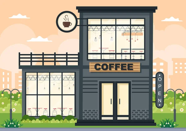 Ilustração Cafetaria Com Placa Aberta Árvore Loja Exterior Construção Conceito — Vetor de Stock