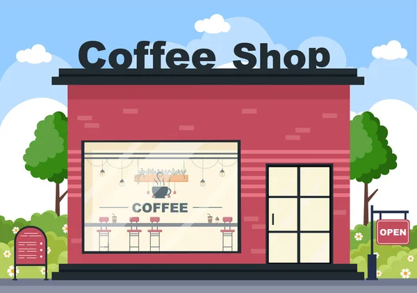 Coffee Shop Illustration Mit Offenem Brett Baum Und Gebäude Store — Stockvektor