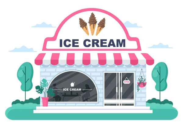 Ice Cream Shop Illustration Mit Offenem Brett Baum Und Gebäude — Stockvektor