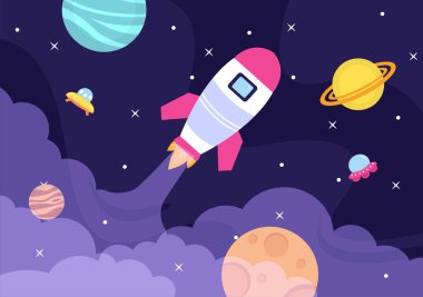 Uzay, Ay, Gezegen ya da Göktaşlarını Görme Hareketi İçin Roket Resimli Astronot