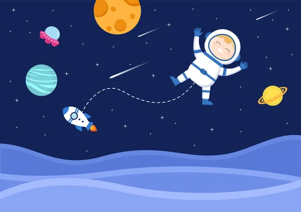 비행사 Rocket Illustration Explore Outer Space Movement See Stars Moon — 스톡 벡터