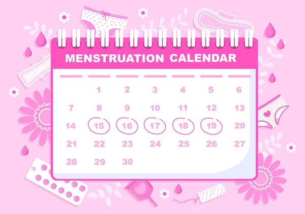 月経期間カレンダー女性は日付サイクルを確認します 生殖器のイラスト女性 衛生ナプキンと医学 — ストックベクタ