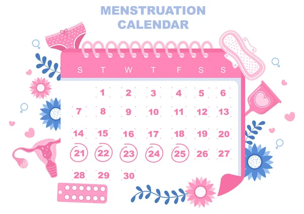 月経期間カレンダー女性は日付サイクルを確認します 生殖器のイラスト女性 衛生ナプキンと医学 — ストックベクタ