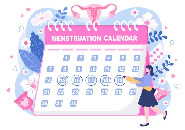 Periodo Menstruación Calendario Mujeres Para Comprobar Ciclo Fechas Ilustración Órganos — Archivo Imágenes Vectoriales