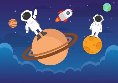 Uzay ve Harekette Keşif İçin Roket Arkaplan Resimli Astronot Yıldızları, Ay 'ı, Gezegenleri, Ufo' yu ya da Asteroidleri görün