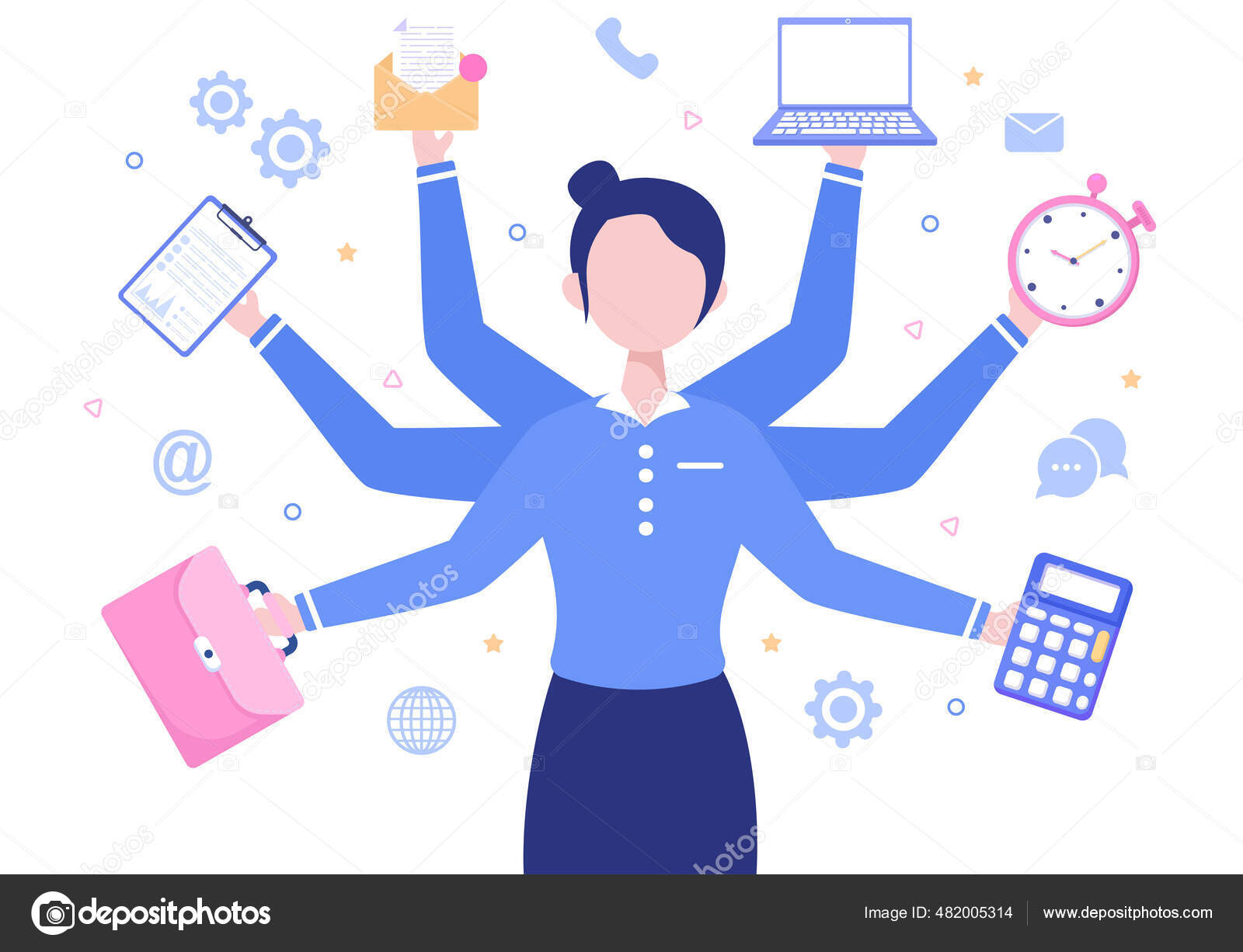 Image vectorielle Femme D'affaires Multitâche Employée Bureau Tant Que  Secrétaire Entourée Mains par ©denayunedp - 482005314, image size:1600x1226