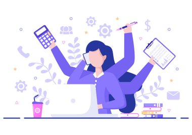 Multitasking Business Woman Or Office Worker as Secretary Surrounded By Hands With Holding Every Job In The Workplace. Vector Illustration clipart