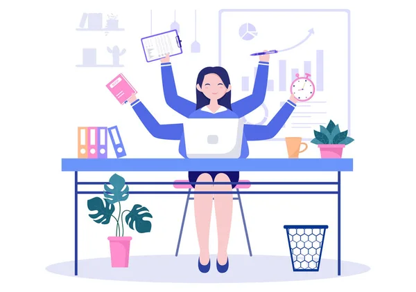 Multitasking Business Woman Eller Office Worker Som Sekreterare Omgiven Händer — Stock vektor