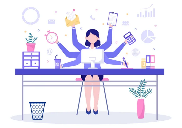 Multitasking Mulher Negócios Trabalhador Escritório Como Secretário Cercado Por Mãos —  Vetores de Stock