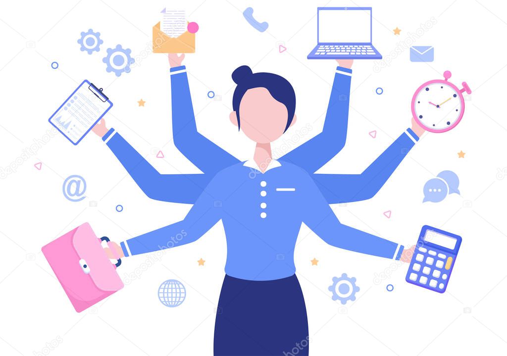 Multitasking Business Woman Or Office Worker as Secretary Surrounded By Hands With Holding Every Job In The Workplace. Vector Illustration