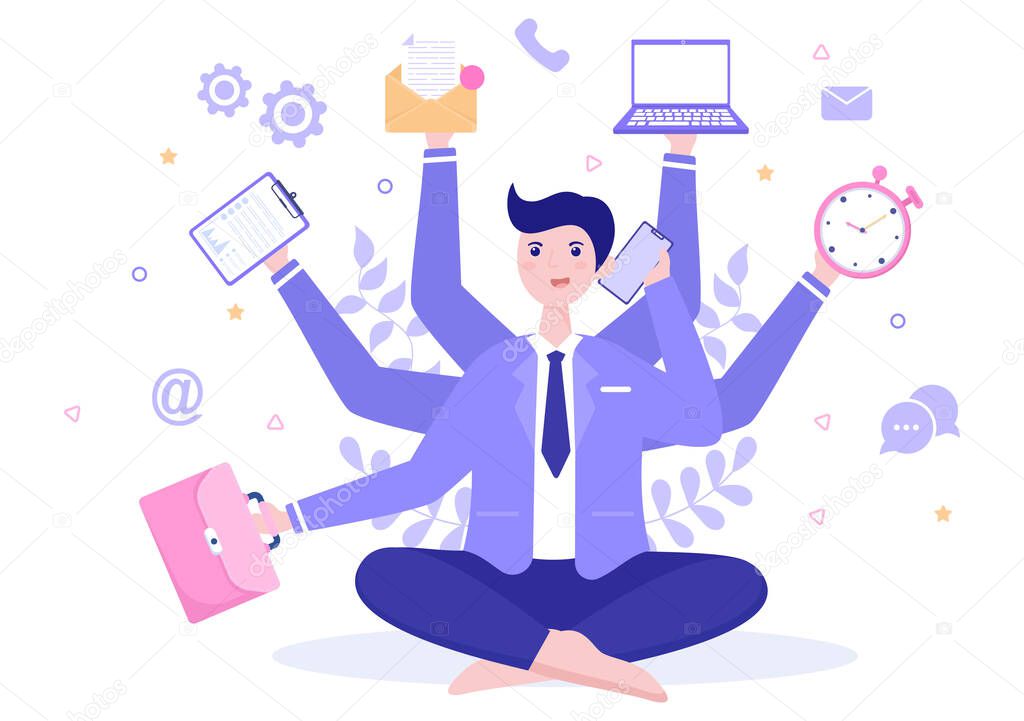 Multitasking Business Man Or Office Worker as Secretary Surrounded By Hands With Holding Every Job In The Workplace. Vector Illustration