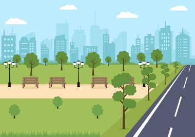 Green Tree ve Lawn 'la spor yapan, rahatlatan, oyun oynayan ya da eğlenen insanlar için şehir parkı illüstrasyonu. Manzara Şehir Arkaplanı
