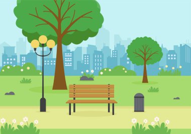 Green Tree ve Lawn 'la spor yapan, rahatlatan, oyun oynayan ya da eğlenen insanlar için şehir parkı illüstrasyonu. Manzara Şehir Arkaplanı