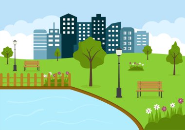Green Tree ve Lawn 'la spor yapan, rahatlatan, oyun oynayan ya da eğlenen insanlar için şehir parkı illüstrasyonu. Manzara Şehir Arkaplanı