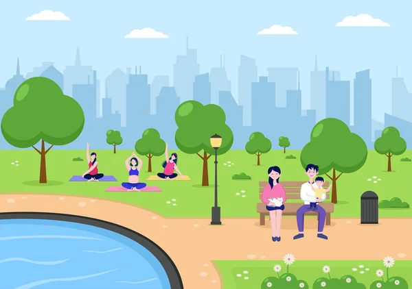 City Park Illustration People Doing Sport Relaxing Playing Recreation Green — Stock Vector