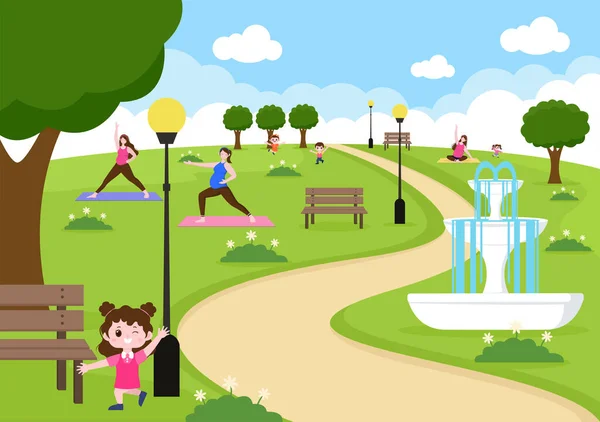 Illustrazione Del Parco Cittadino Persone Che Fanno Sport Relax Gioco — Vettoriale Stock