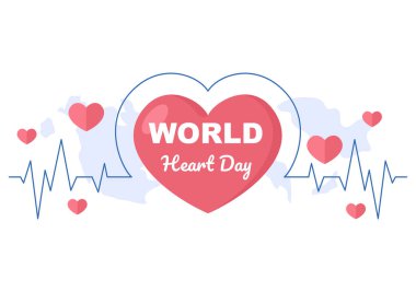 İnsanlara sağlık, bakım ve önleme gibi çeşitli hastalıkların önemini göstermek için Dünya Kalp Günü İllüstrasyonu. Düz Tasarım Arkaplan Şablonu