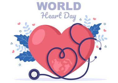 İnsanlara sağlık, bakım ve önleme gibi çeşitli hastalıkların önemini göstermek için Dünya Kalp Günü İllüstrasyonu. Düz Tasarım Arkaplan Şablonu