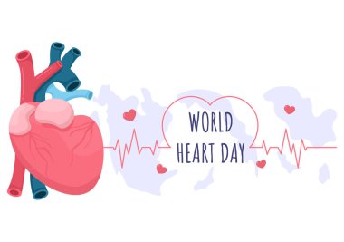 İnsanlara sağlık, bakım ve önleme gibi çeşitli hastalıkların önemini göstermek için Dünya Kalp Günü İllüstrasyonu. Düz Tasarım Arkaplan Şablonu