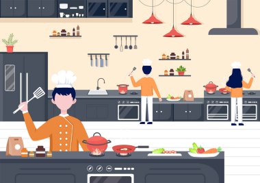 Şef mutfakta tepside, malzemelerle ya da farklı yemeklerle yemek pişiriyor. İç Mobilya ve Utensils Arkaplan İniş Sayfa İllüstrasyonu