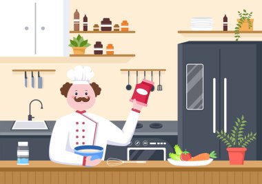 Şef mutfakta tepside, malzemelerle ya da farklı yemeklerle yemek pişiriyor. İç Mobilya ve Utensils Arkaplan İniş Sayfa İllüstrasyonu