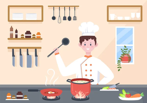 Chef Kocht Der Küche Mit Tablett Zutaten Oder Verschiedenen Mahlzeiten — Stockvektor