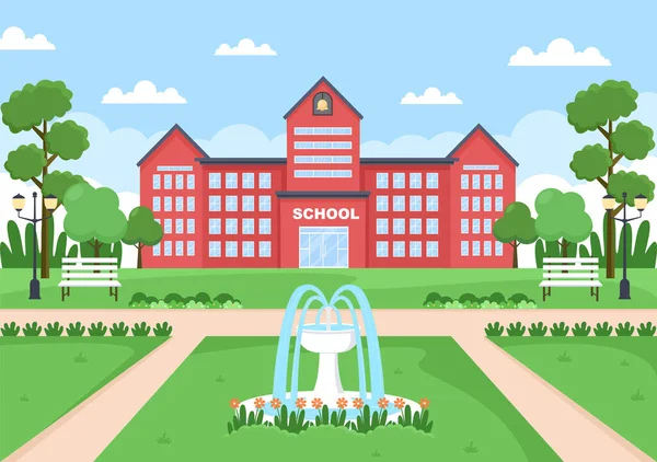 先頭へ戻る学校 近代的な建物や緑の草や木々とフロントヤードを表示します 背景ランディングページイラスト — ストックベクタ