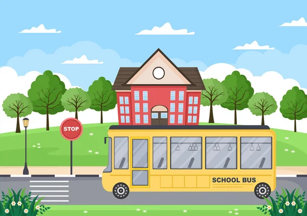 Powrót Szkoły Nowoczesny Budynek Autobus Dziedzińcu Kilkoma Dziećmi Ilustracja Strony — Wektor stockowy