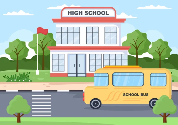 先頭へ戻る学校には 近代的な建物やいくつかの子供とフロントヤードのバス 背景ランディングページイラスト — ストックベクタ