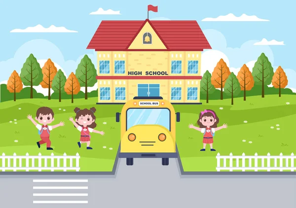先頭へ戻る学校には 近代的な建物やいくつかの子供とフロントヤードのバス 背景ランディングページイラスト — ストックベクタ