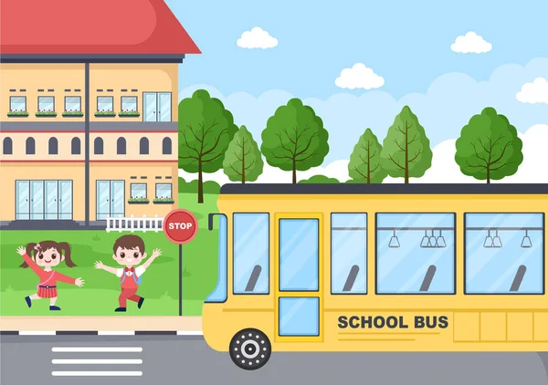 Powrót Szkoły Nowoczesny Budynek Autobus Dziedzińcu Kilkoma Dziećmi Ilustracja Strony — Wektor stockowy