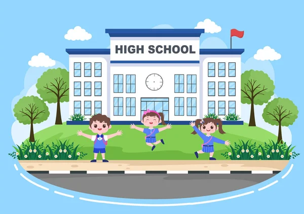 Vuelta Escuela Edificio Moderno Algunos Niños Están Jugando Patio Delantero — Vector de stock