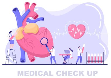 Arkaplan İniş Sayfası İllüstrasyonunda Sağlık Kontrolü. Hastaya bakan doktor kan basıncını ölçüyor ya da pankart ve diğer şeyleri yaptığı için kalbi ölçüyor.