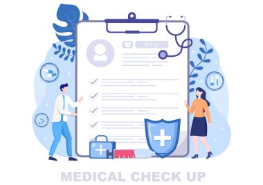 Arkaplan İniş Sayfası İllüstrasyonunda Sağlık Kontrolü. Doktor, Banner ve diğer hastaların sağlık listelerini içeren bir form tutuyor.