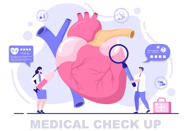 stock vector Medical Health Check up Background Landing Page Illustration. Doctor Taking Care of Patient Measuring Blood Pressure Or Heart For Making Banner and Other