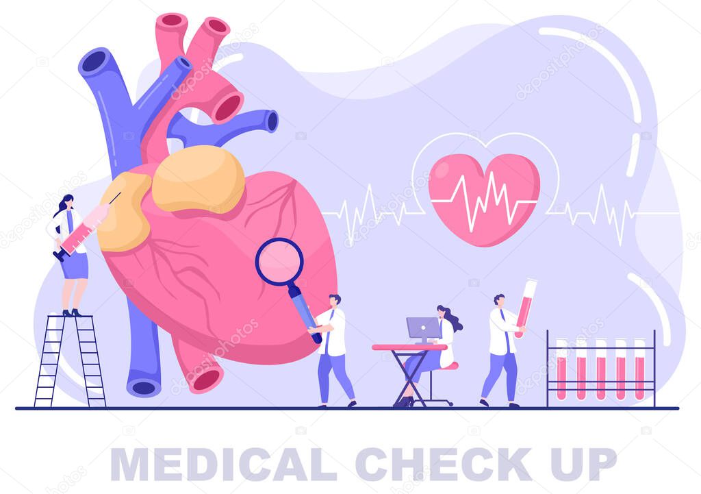 Medical Health Check up Background Landing Page Illustration. Doctor Taking Care of Patient Measuring Blood Pressure Or Heart For Making Banner and Other