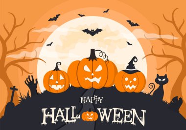 Halloween Night Party Landing Page Illustration With Witch, Haunted House, Pumpkins, Bats and Full Moon. For Background, Banner, Wallpaper, or Brochure