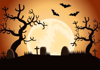 Halloween Night Party Landing Page Illustration With Witch, Haunted House, Pumpkins, Bats and Full Moon. For Background, Banner, Wallpaper, or Brochure