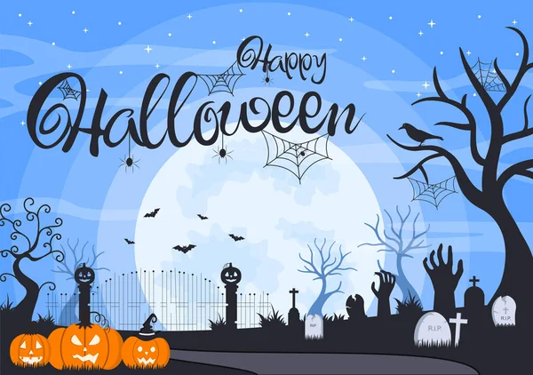 Halloween Night Party Landing Page Illustration Witch Haunted House Pumpkins — Stock Vector